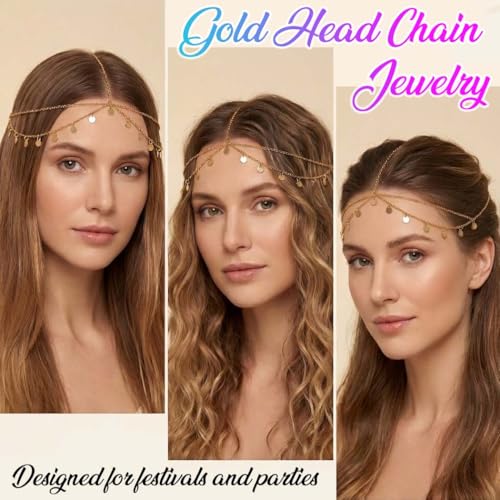 Brishow Gold Head Chain Egyptian Headpiece for Women Forehead Accessory | 20.5 in+3.9 in Adjustable genie head jewelry photos alloy small sequin headchain boho festival prom party concert