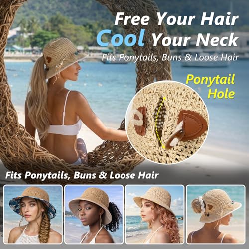 TOP-EX chicpony™ Cooling UPF 50+ Wide Brim Beach Hand Crochet Straw Hat - color: Khaki Shell, size: Large