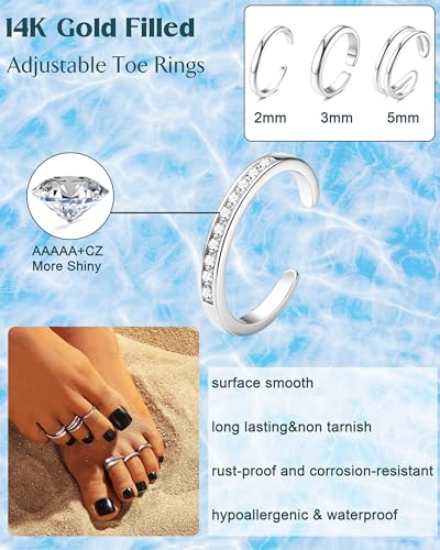 Besteel Toe Rings for Women 14K Gold Filled Simple Hug CZ Triple Open Band Rings Trendy Silver Plated Adjustable Toe Rings Summer Beach Foot Jewelry for Women - color: silver plated