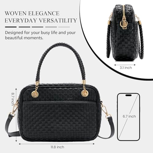 Chic Woven Crossbody Camera Bag, Soft Vegan Leather Purse with Designer Look & Braided Handle - color: Black