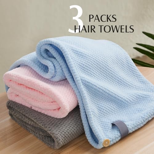 YFONG 3 Pack Large Microfiber Hair Towel Wrap, 30" x 10" Thicker Anti Frizz Quick Dry Hair Towels for Women Long, Curly, Thick Hair, Super Absorbent Hair Turban for Wet Hair (Grey, Pink, Blue) - color: Grey, Pink, Blue