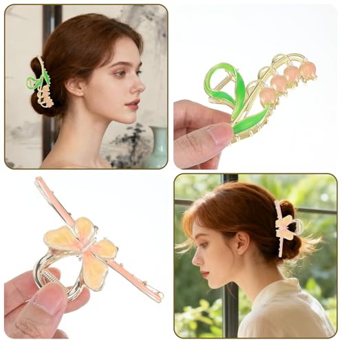 8 Pcs Metal Hair Claw Clips for Women - Large Strong Hold Floral Design Non-Slip Zinc Alloy Barrettes Clamps Accessories for Long Thick Thin Curly Hair Styling Essentials