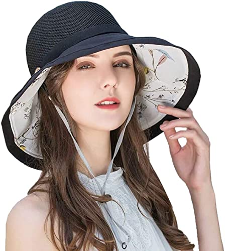 Women's-Mesh-Sun-Hats Wide-Brim Summer Beach Bucket Caps for Girls Outdoor-UV-Protection Foldable-Fishing-Hat Chin Strap - color: Black