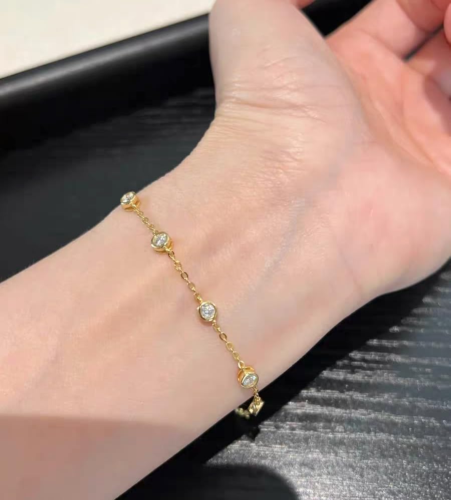 Cubic Zirconia Station Bracelet for Women, 14K Gold Plated or 925 Sterling Silver, Dainty Adjustable Chain, Stackable Minimalist Jewelry - color: Yellow Gold