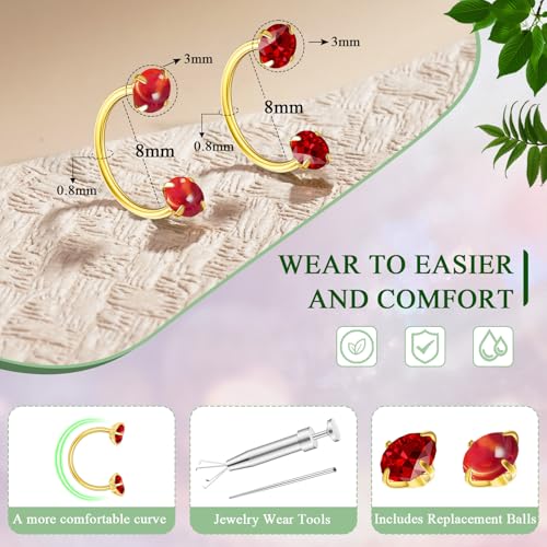 Opal Nose Ring Studs Horseshoe Nose Rings Hoops Stud 316L Stainless Steel Nose Rings Round CZ Square Screw L Shaped Nose Stud Hypoallergenic Nostril Piercing Jewelry for Women Men - color: Gold/3.0mm Red gem/20gauge
