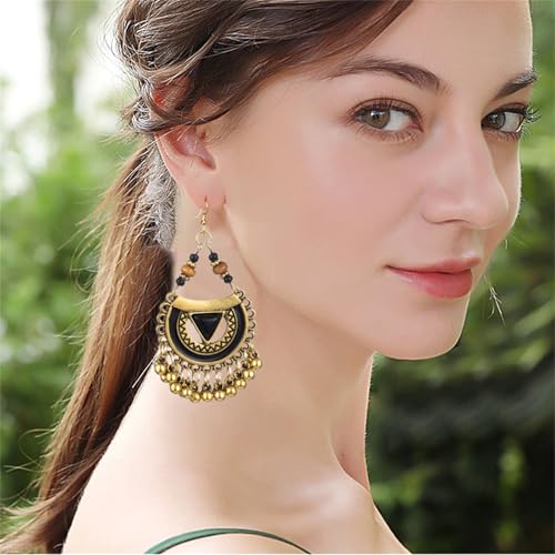 Vintage Boho Statement Drop Dangle Earrings for Women Bohemian Ethnic Handmade Beaded Charms Earring Bohemian Retro Chandelier Tassel Earrings Mexico Gypsy Jewelry Gift - color: G Black Triangle