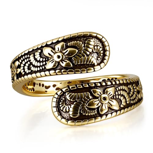 Vintage 14K Gold Plated and Silver Spoon Ring – Adjustable Ring with Carving Design for Women, Unique Boho Open Ring for Gift - color: Gold