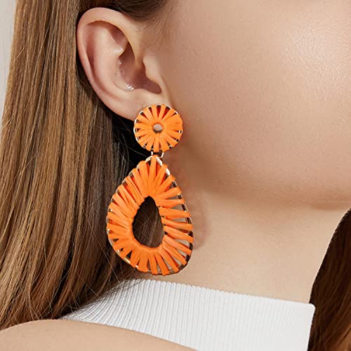Raffia Teardrop Dangle Earrings Handmad Statement Drop Earrings - color: Orange