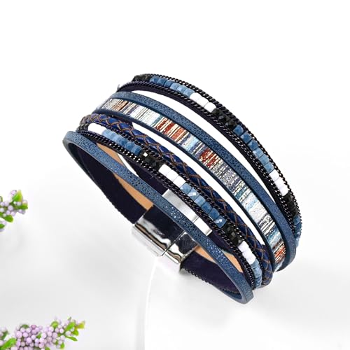 VIBILIA Boho Leather Wrap Bracelets for Women Multi-Layer Bracelets with Strong Clasp Jewelry for Women - color: 03-BohoBraid-RoyalBlue