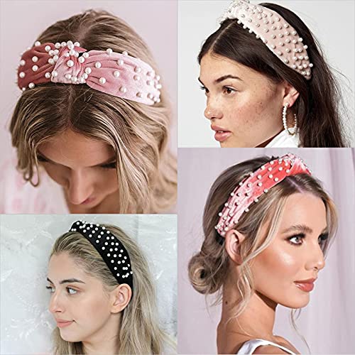 DRESHOW 4 Pack Velvet Pearl Headbands for Women Girls Bow Turban Vintage Boho Head Bands Wraps Hoop Hair Accessories Gift - color: 4 Pack Velvet Pearl Headbands