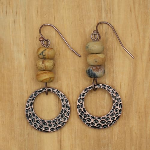 Boho Earrings for women, Hammered Copper Earrings, Bohemian Beaded Gemstone Rustic Jewelry, African Opal Earrings Handmade - style: Hammerd Thick Hoop