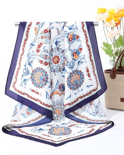 AWAYTR 27.5” Square Satin Head Scarf Hair Scarf for Women's Hair Silk Bandana for Women Silk Head Wrap for Sleeping - color: Flower (Dark Blue + White)