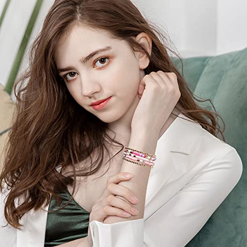 GOOJIDS Surfer Heishi Clay Bead Bracelets for Women Bohemian Stackable Gold Plated Beaded Stretch Bracelets Elastic Layering Friendship Bracelets Set Boho Jewelry - color: C-New Pink Sets