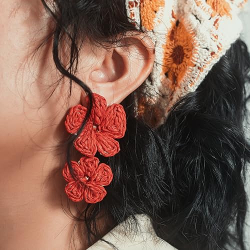 Boho Flower Earrings Statement Raffia Dangle Earrings Cute Floral Jewelry Trendy Summer Beach Vacation Outfits for Women - color: Red