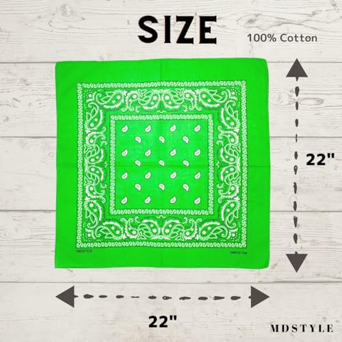 MDSTYLE 6 Pack 100% Cotton Bandanas 22” x 22" for Men & Women Paisley Handkerchief Headband Scarf Bandana - color: Lime Green