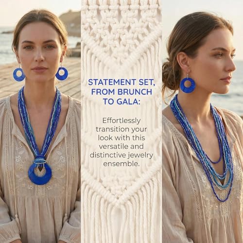 Coiris Multi Strand Statement Colorful Beaded Necklace with Big Circle Shell Pendant for Women - color: Royalblue
