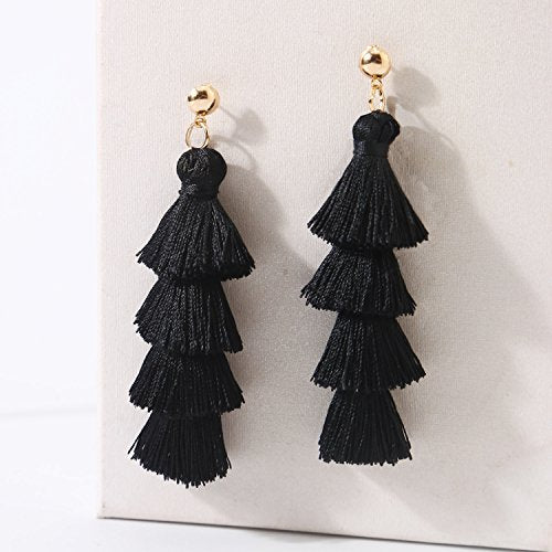 BaubleStar Tassel Earrings Handmade Tiered Thread Tassel Dangle Earrings, Multi Colors - color: Black