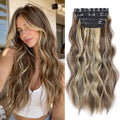 Clip in Synthetic Hair Extensions Long Wavy 4PCS Thick Hairpieces Blonde Highlighted Medium Brown Fiber Double Weft Natural Hair Extensions 20 Inch for Women (4pcs, 20Inch, 86H10#) - color: 86H10-Blonde Highlighted Medium Brown