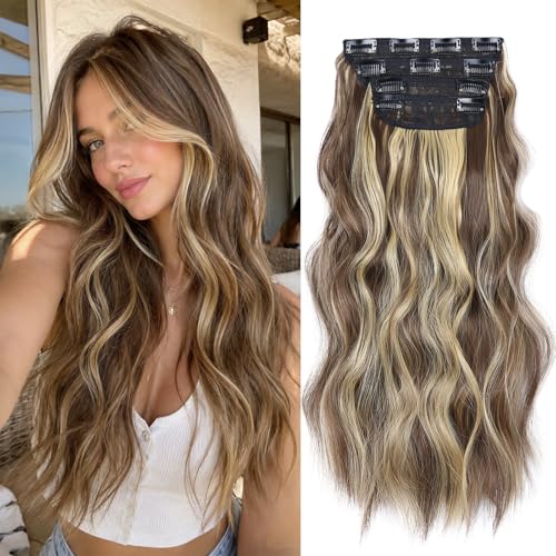 Clip in Synthetic Hair Extensions Long Wavy 4PCS Thick Hairpieces Blonde Highlighted Medium Brown Fiber Double Weft Natural Hair Extensions 20 Inch for Women (4pcs, 20Inch, 86H10#) - color: 86H10-Blonde Highlighted Medium Brown
