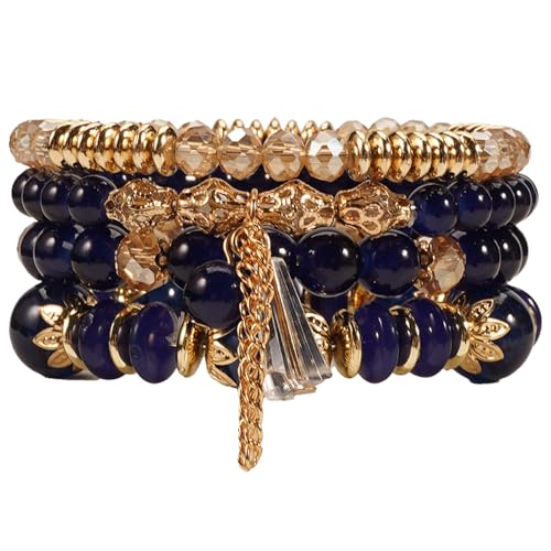 Bohemian Bracelet Sets for Women - 4-Pack Stackable Stretch Bead Bracelets with Black＆White Crystal & Gold Accessories, Multi-Layer Boho Jewelry - color: purple