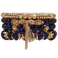 Bohemian Bracelet Sets for Women - 4-Pack Stackable Stretch Bead Bracelets with Black＆White Crystal & Gold Accessories, Multi-Layer Boho Jewelry - color: purple