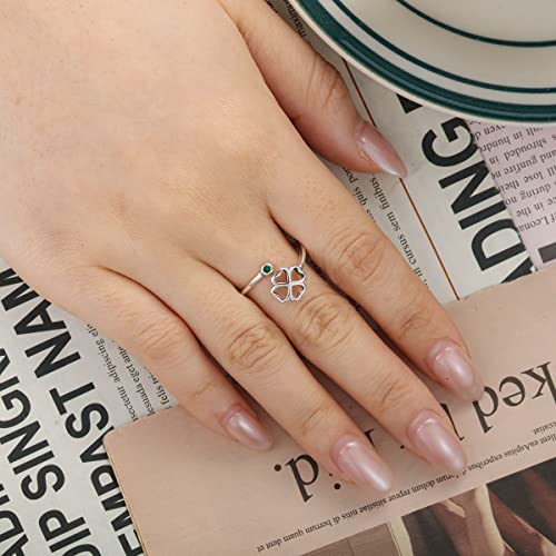 PARCOM Adjustable Women Stackable Ring, 925 Sterling Silver Open Rings - Trendy Eternity Cubic Zirconia Stackable Band Engagement Promise Ring for Her, Hypoallergenic Non Tarnish Nature Bird Floral Thumb Rings - color: Four-Leaf Clover