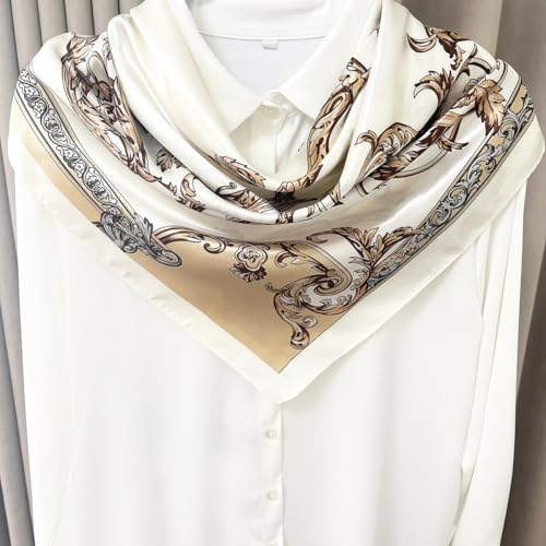 Julunar Silk Like Head Scarf for Women - Satin Large Hair Scarves - 35" Square Silk Hair Wrap for Sleeping with Gift Packed - color: A000-2 Pattern Beige