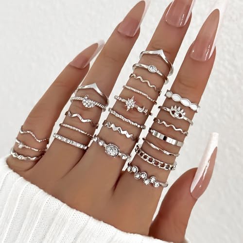 Gold Rings for Women Non Tarnish Stackable Rhinestone Moon Star Rings Dainty Stacking Pearl Butterfly Midi Pinky Thumb Joint Finger Knuckle Ring Set Gold Non Tarnish Jewelry Gifts Trendy Stuff - color: H Silver Stackable Rings 23Pcs