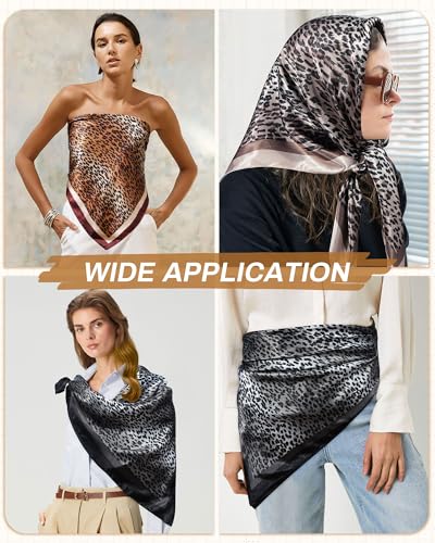 Mesovor 35” Square Head Scarf for Women, 3 Pack Like Silk Satin Headscarf Hair Neck Scarf Top Bandanas for Sleeping - color: Small Leopard(gray/Coffee/Camel)