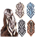 4Pcs Silk Head Scarves for Women Satin Hair Scarf 35”Large Square Bandana Silk Like Neck Scarf Shawl - color: Blue/Coffee/Beige/Black