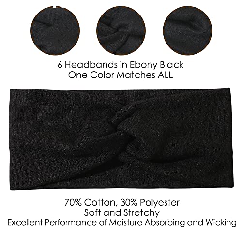 Artilady 6 Pack Wide Boho Headbands for Women - Soft Yoga Elastic Hair Bands for Girls Workout Running Sport Headwrap Non-slip Breathable (Ebony) - color: 6pcs Ebony