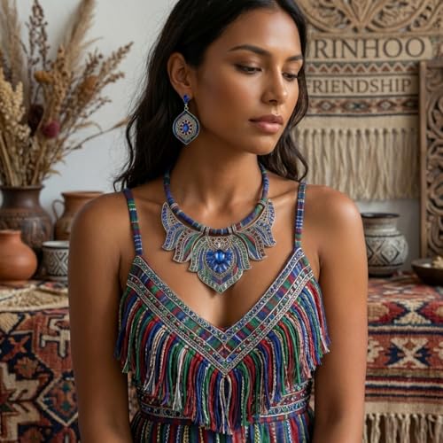 African Tribal Jewelry Set for Women - 2pcs Chunky Colorful Boho Vintage Statement Necklace Earrings Bib Choker Festival Costume Ethnic Accessories - style: Blue Style
