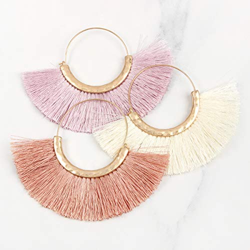 Bohemian Silky Thread Tassel Strand Fringe Statement Hoop Earrings - Lightweight Semi Circle Fan Threader, Mermaid Hoops - color: Halfmoon Tassel Hoops - Dusty Pink