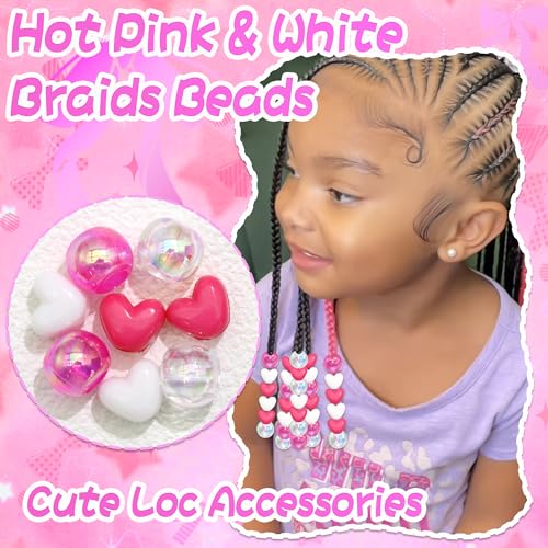 60PCS Heart Hair Beads Hot Pink Loc Bead for Kids Girls Clear White AB Color Round Beads Cute Acrylic Hair Bead Accessories for Valentine's Day - color: Hot Pink&White