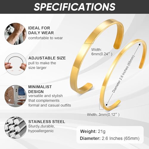 MEALGUET Stainless Steel Mens Cuff Bracelet : Minimal Cool Silver/Black/Gold Plated Open Metal Cuff Bangle Bracelets for Men,Mens Bracelet Jewelry Gift - color: Gold Plated-2-Pack, size: Medium( fit 5.5"-7.2" wrist)