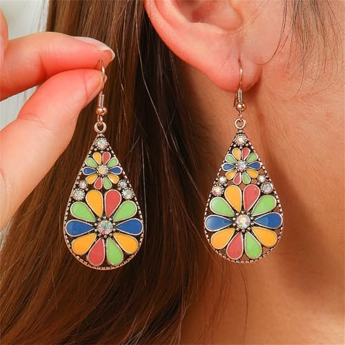 coadipress Bohemian Flower Teardrop Earrings for Women Trendy Vintage Colorful Hollow Out Flower Floral Dangle Earrings Bohemian Handmade Ethnic Statement Jewelry - color: Green Yellow