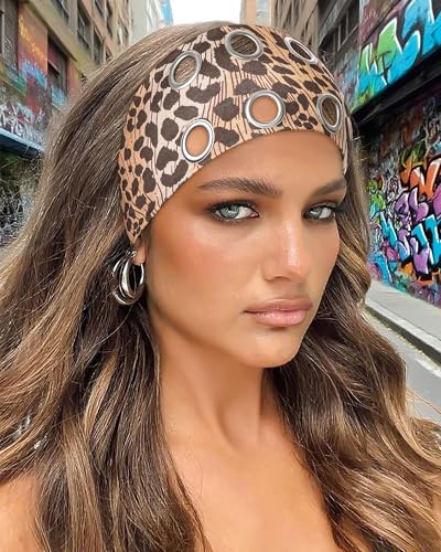 AWAYTR Women Hollow Out Eyelet Elastic Headband Y2K Wide Grommet Hairband Punk Grunge Wide Band for Girls (Deep Coffee/2 Leopard print, One size) - color: Deep Coffee/2 Leopard print