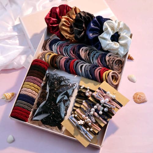 Multiple Styles Hair Accessories Set For Women Elastic Ponytail Holders Rubber Band For Thick Hair & Thin Hair Fashion Hair Scrunchies (1149PCS（Dark color）)