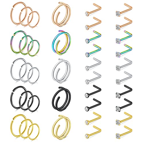 Mayhoop 20g Nose Rings Hoops And Studs For Women Men - Hypoallergenic 316L Surgical Stainless Steel L Shape Nose Screw Bone Silver Rose Gold Black Rainbow Pack 28Pcs - color: Mix A