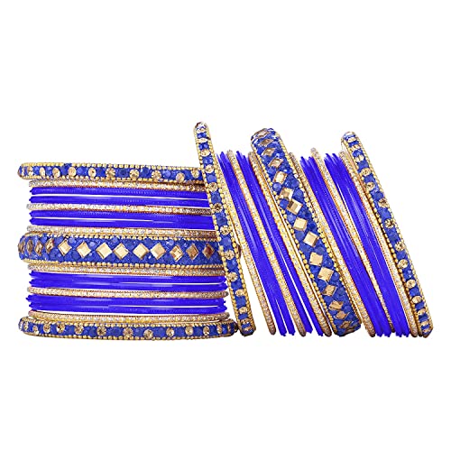 Aheli Ethnic Colorful Metal Bangles Chudha Set Stone Studded Bangle Set Indian Wedding Wear Fashion Jewelry Gift for Women Blue - color: Blue