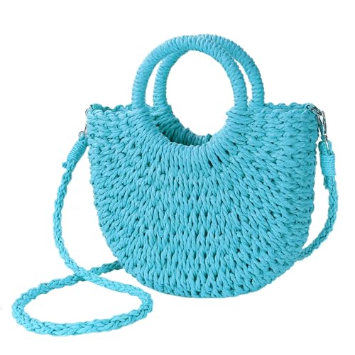 Womens Straw Beach Bag Woven Crossbody Shoulder Bags Top Handle Satchel Handbag Purse for Summer - color: Blue