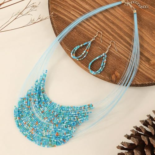 Bohemian Colorful Beaded Earrings Necklace Geometric Teardrop Dangle Earrings Multi-layered Stackable Choker Necklaces Boho Seed Bead Chain Statement Beach Party Accessories - color: Blue