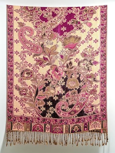 Achillea Elegant Paisley Floral Pashmina Shawl and Wrap – Boho Rave Scarf for Festival, Travel & Everyday Wear - color: Black Rose Pink