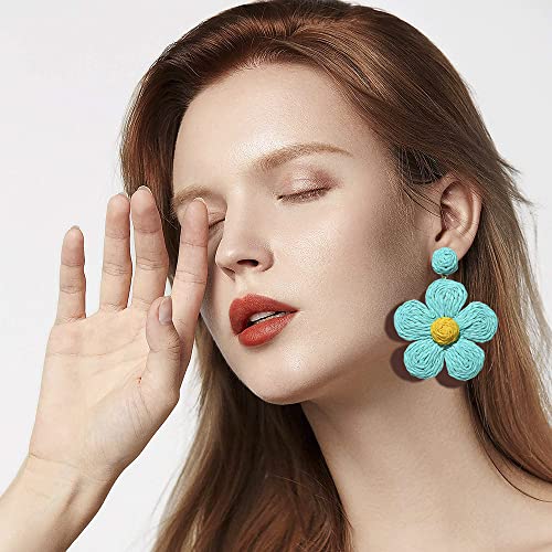 Rattan Earrings for Women Statement Boho Raffia Straw Wrapped Flower Drop Dangle Earrings Summer Tropical Beach Jewelry - color: Lake Blue