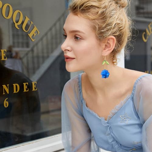 Resin Flower Cluster Ball Dangle Drop Earrings for Women Spring Summer Bohemian Floral Petal with Green Leaf Earrings Vacation Party Jewelry - color: Royal Blue