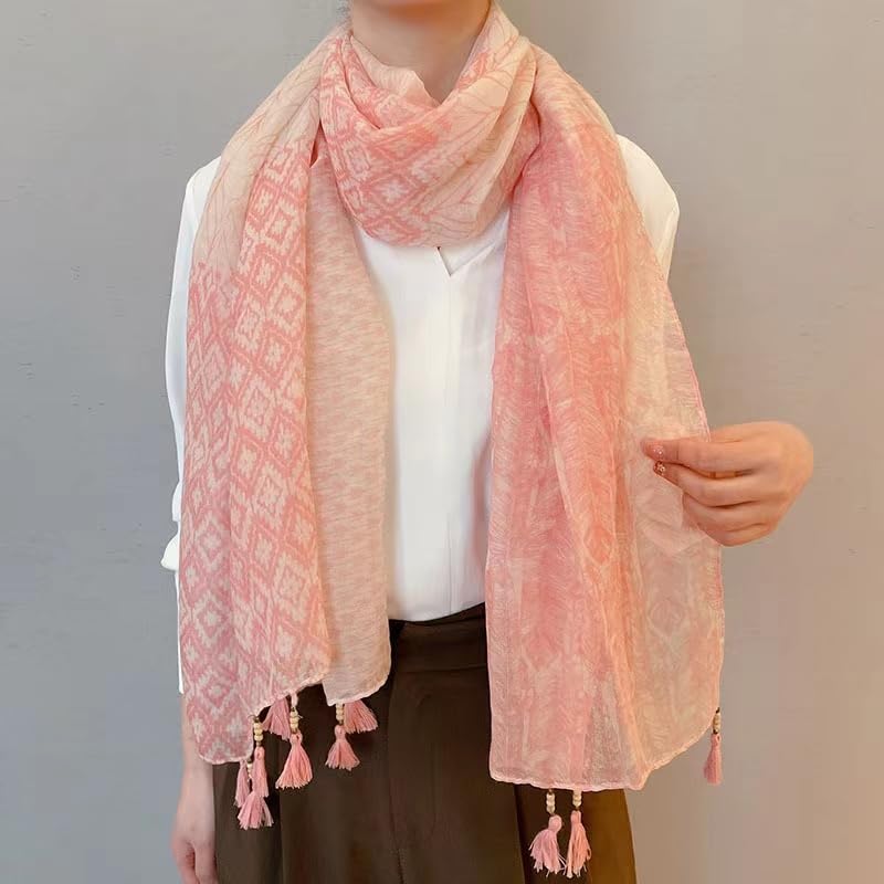 WaJuemy Travel Boho Scarf for Women Casual Lightweight Pashmina Scarves Fashion Multicolor Shawl Wraps with Fringed Beads - color: 201 Pink
