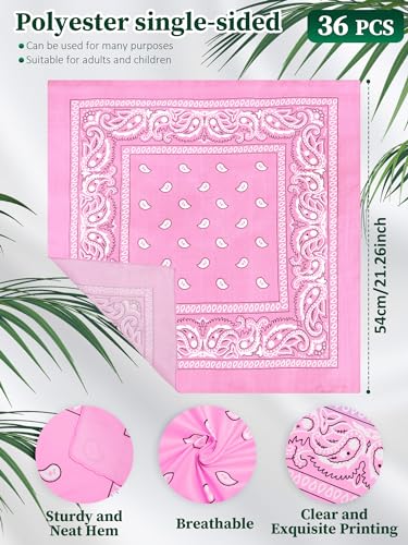 Unittype 36 Pieces Paisley Bandana Cowboy Bandanas Sports Novelty Headband Square Scarf Outdoor for Western Party Costume - color: Light Pink,teal Color,white, style: Simple Style