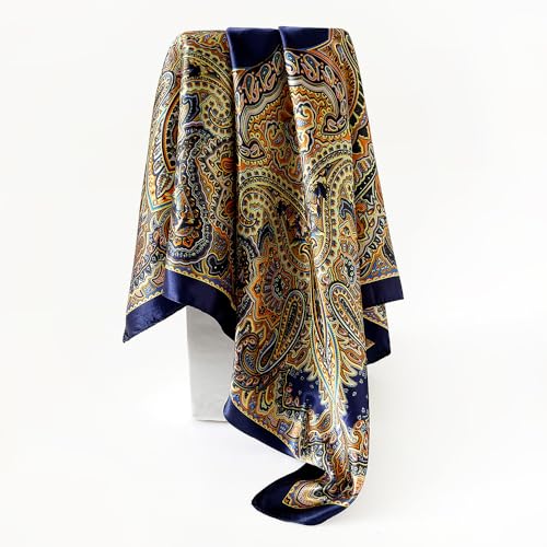 Hexchasty 35”Head Scarf Satin Silk Like Hair Scarf Large Square Head Scarves Bandana Head Wraps Headscarfs for Women Green - color: A-navy