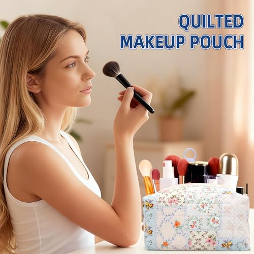 Small Makeup Bag Quilted Cosmetic Bag Floral Travel Toiletry Bags for Women Cute Pencil Case Quilted Makeup Pouch Aesthetic Coquette Cosmetic Pouch Cotton Make Up Bags Cute Zipper Pouches Blue - color: Ab-flower bee
