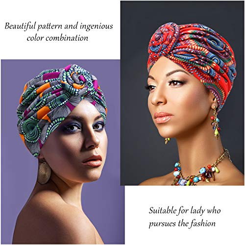 SATINIOR 4 Pieces African Pattern Headwrap Pre-Tied Bonnet Turban Knot Beanie Cap Headwrap Hat - style: Flower Style